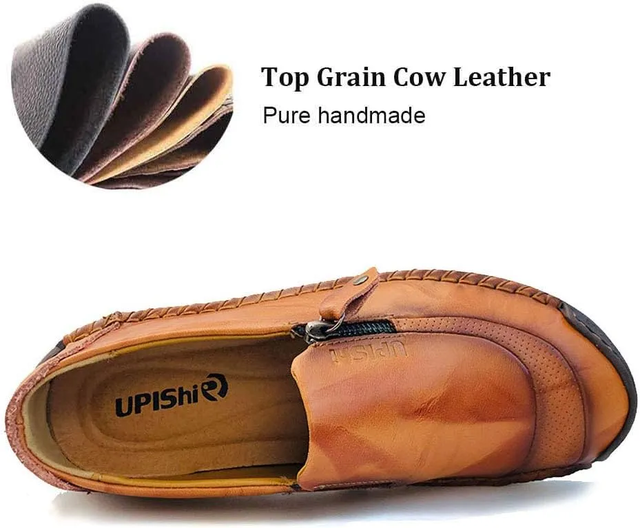 UPIShi Mens Driving Oxford Leather Casual Slip-on Sneaker Stitched Flats Penny Loafers Lightweight Shoes