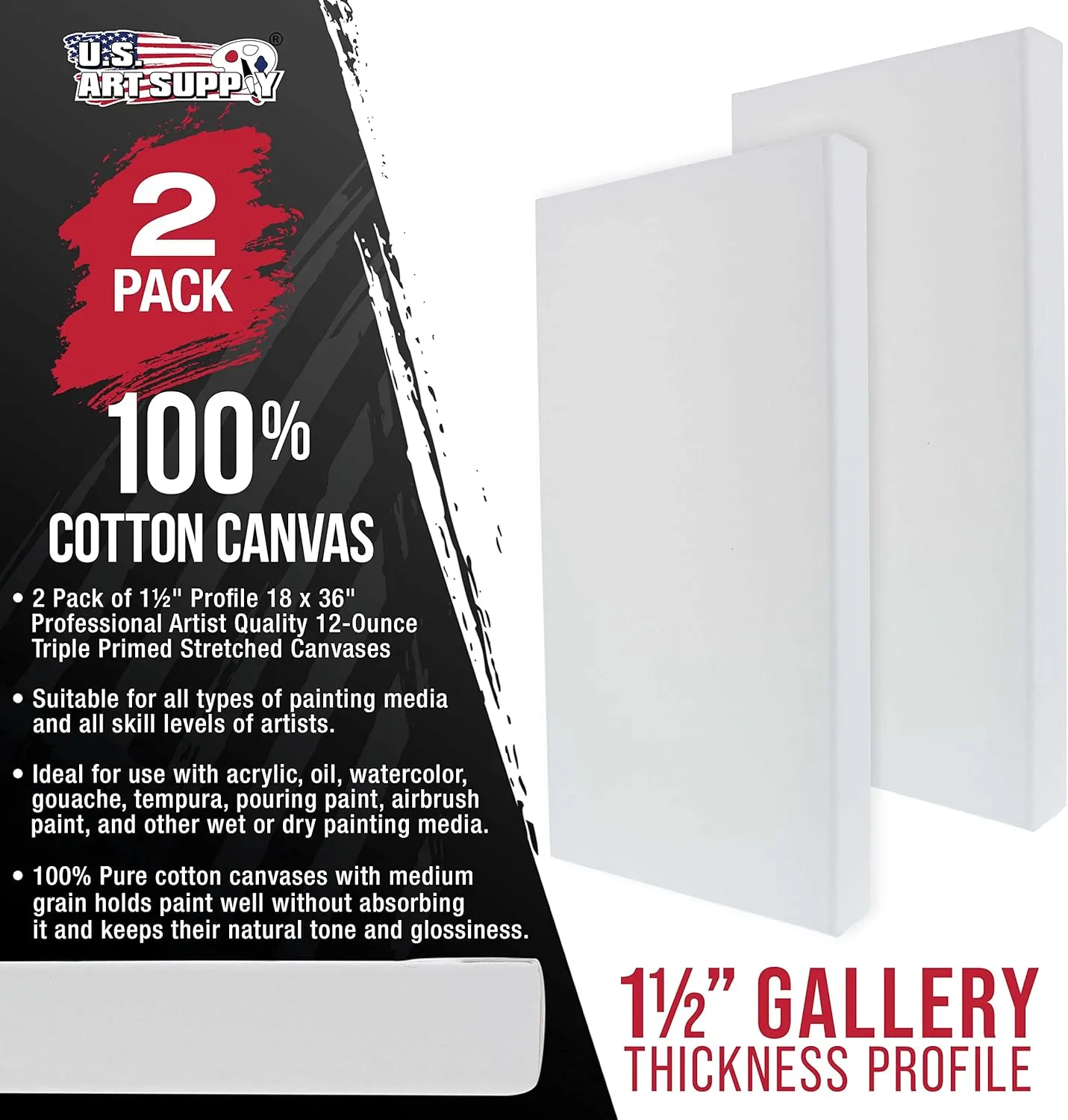U.S. Art Supply Large Stretched Canvas for Painting 18x36 inch Gallery Depth 1-1/2" Thick, 2-Pack - 12oz Acrylic Gesso Triple Primed, Professional Artist Quality, 100% Cotton - Oil, Pouring Paint