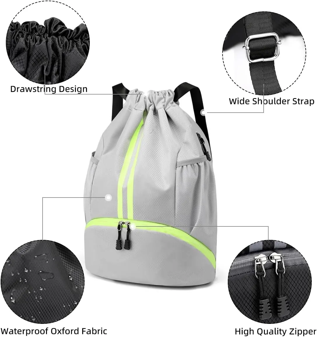 Valleycomfy Sports Drawstring Backpack - Water Resistant String Bag with Side Mesh Pockets Shoe Compartment Gym Backpack for Women & Men Grey
