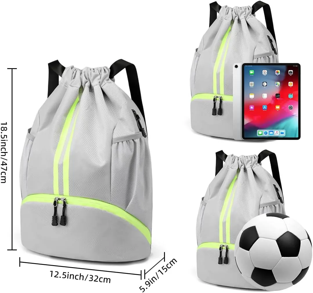 Valleycomfy Sports Drawstring Backpack - Water Resistant String Bag with Side Mesh Pockets Shoe Compartment Gym Backpack for Women & Men Grey