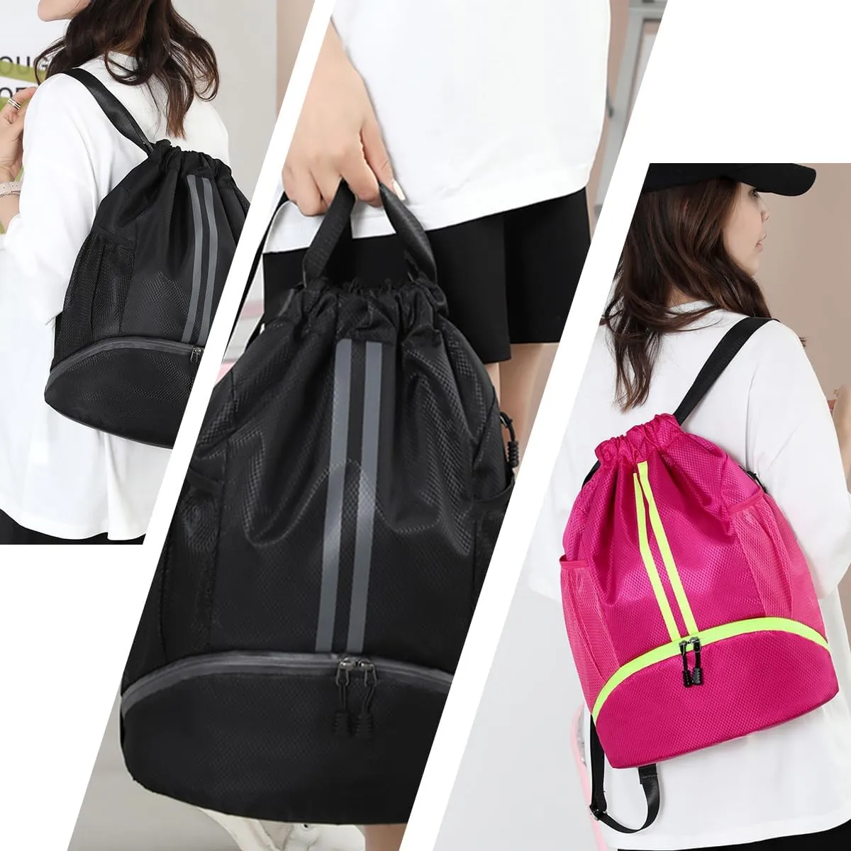 Valleycomfy Sports Drawstring Backpack - Water Resistant String Bag with Side Mesh Pockets Shoe Compartment Gym Backpack for Women & Men Grey