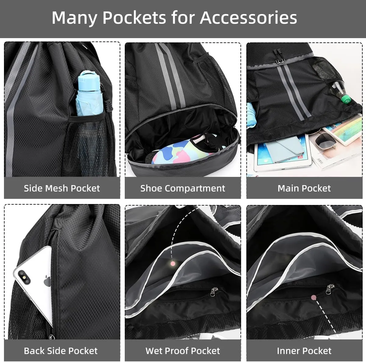 Valleycomfy Sports Drawstring Backpack - Water Resistant String Bag with Side Mesh Pockets Shoe Compartment Gym Backpack for Women & Men Grey