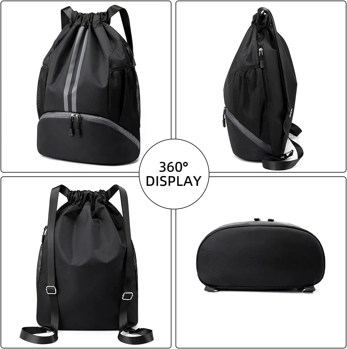 Valleycomfy Sports Drawstring Backpack - Water Resistant String Bag with Side Mesh Pockets Shoe Compartment Gym Backpack for Women & Men Grey