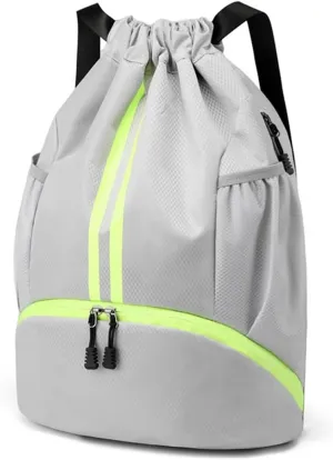 Valleycomfy Sports Drawstring Backpack - Water Resistant String Bag with Side Mesh Pockets Shoe Compartment Gym Backpack for Women & Men Grey