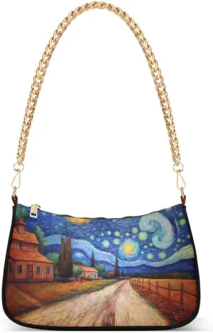 Van Gogh Oil Painting Village Artwork Tote Bag Hobo Handbag for Women Ladies Shoulder Bag Mini Clutch Purse with Zipper Closure