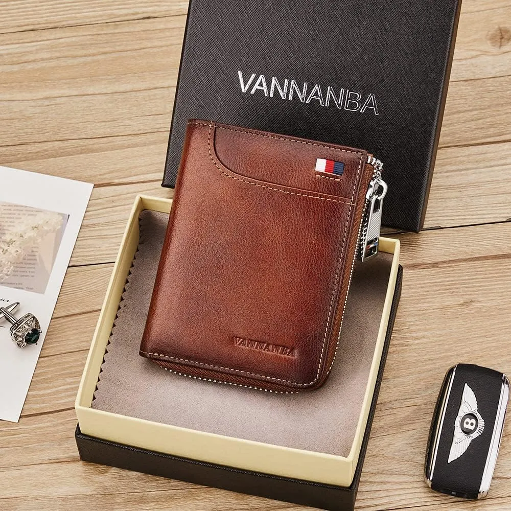 VANNANBA Wallets for Men Genuine Leather,Slim Zipper Mens Wallet RFID Blocking with Front Pocket