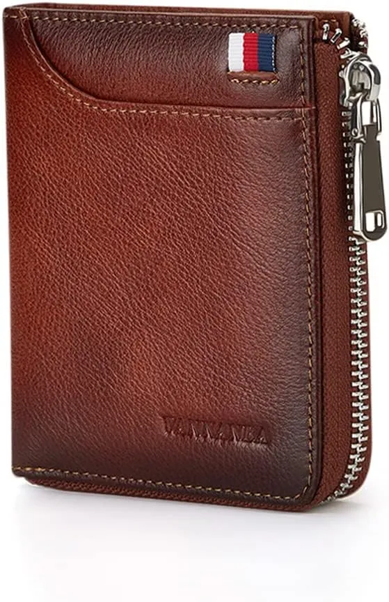 VANNANBA Wallets for Men Genuine Leather,Slim Zipper Mens Wallet RFID Blocking with Front Pocket