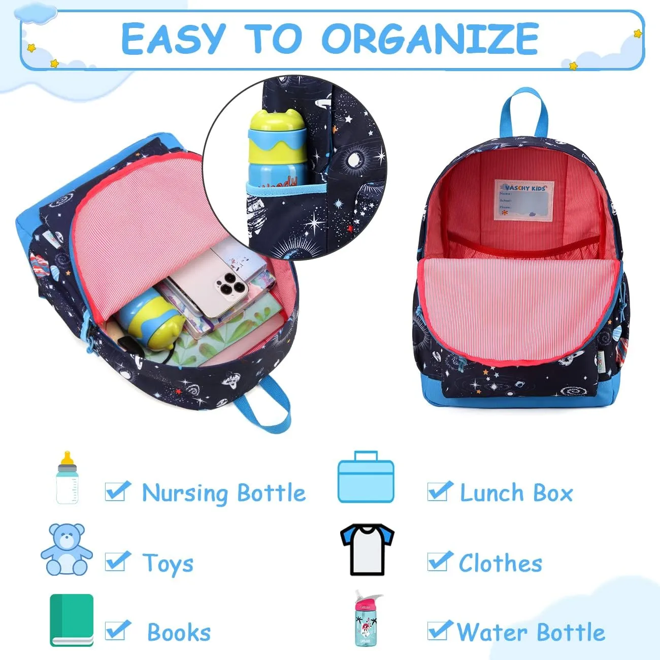 VASCHY Toddler Backpacks Kids, Lightweight Water Resistant Preschool Backpack for Children Boys and Girls w Chest Strap