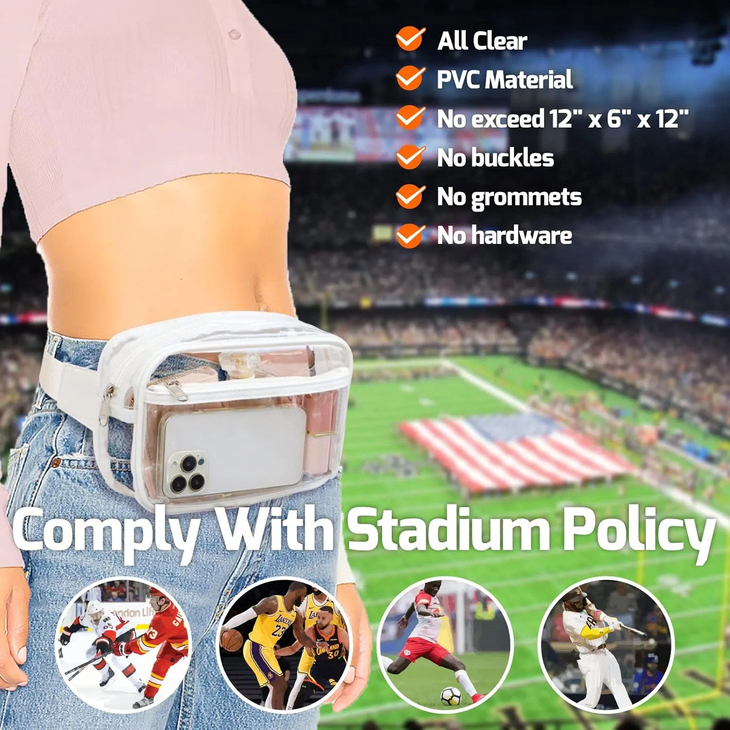Veckle Clear Fanny Pack - Clear Belt Bag Stadiuim Approved for Women Large Transparent Waist Bag Crossbody with Adjustable Strap for Sports Events, Concerts, White Black