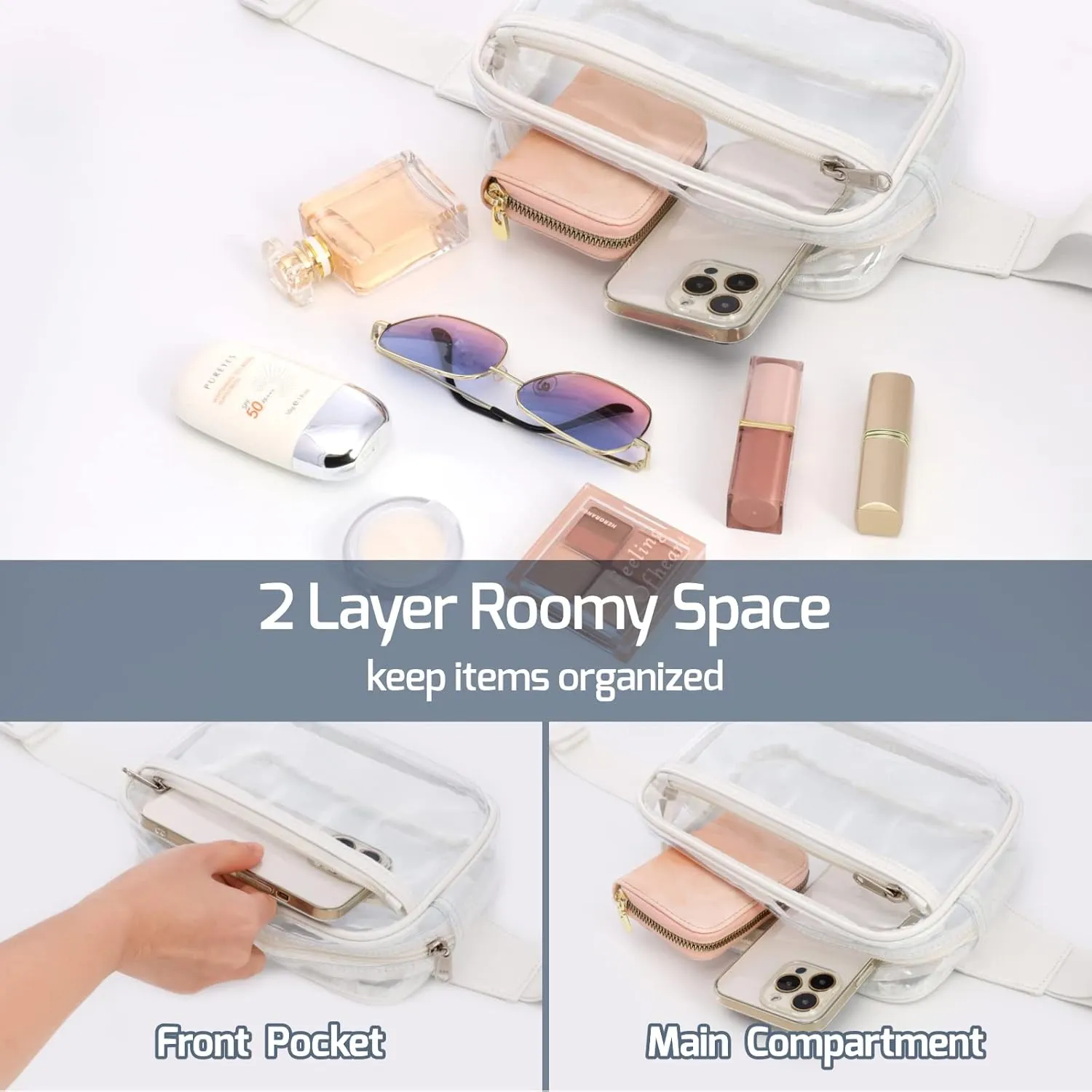 Veckle Clear Fanny Pack - Clear Belt Bag Stadiuim Approved for Women Large Transparent Waist Bag Crossbody with Adjustable Strap for Sports Events, Concerts, White Black