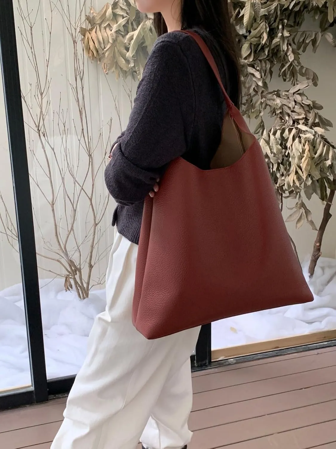 Vegan Leather Tote 2025 Fall Winter Large Shoulder Bag Minimalist Retro Bucket Work Commute Texture Litchi Grain Handbag
