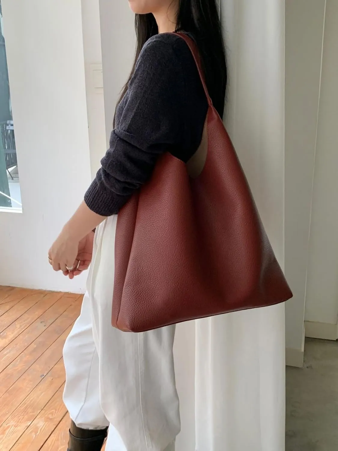 Vegan Leather Tote 2025 Fall Winter Large Shoulder Bag Minimalist Retro Bucket Work Commute Texture Litchi Grain Handbag