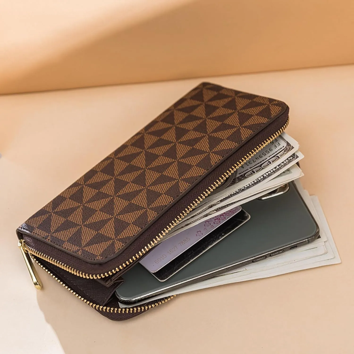 Veki Women's Wallet Double Zipper Pocket Wallets with Wrist Strap, Leather Credit Card Purse for Women Men (Monolayer-Black)