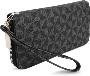 Veki Women's Wallet Double Zipper Pocket Wallets with Wrist Strap, Leather Credit Card Purse for Women Men (Monolayer-Black)