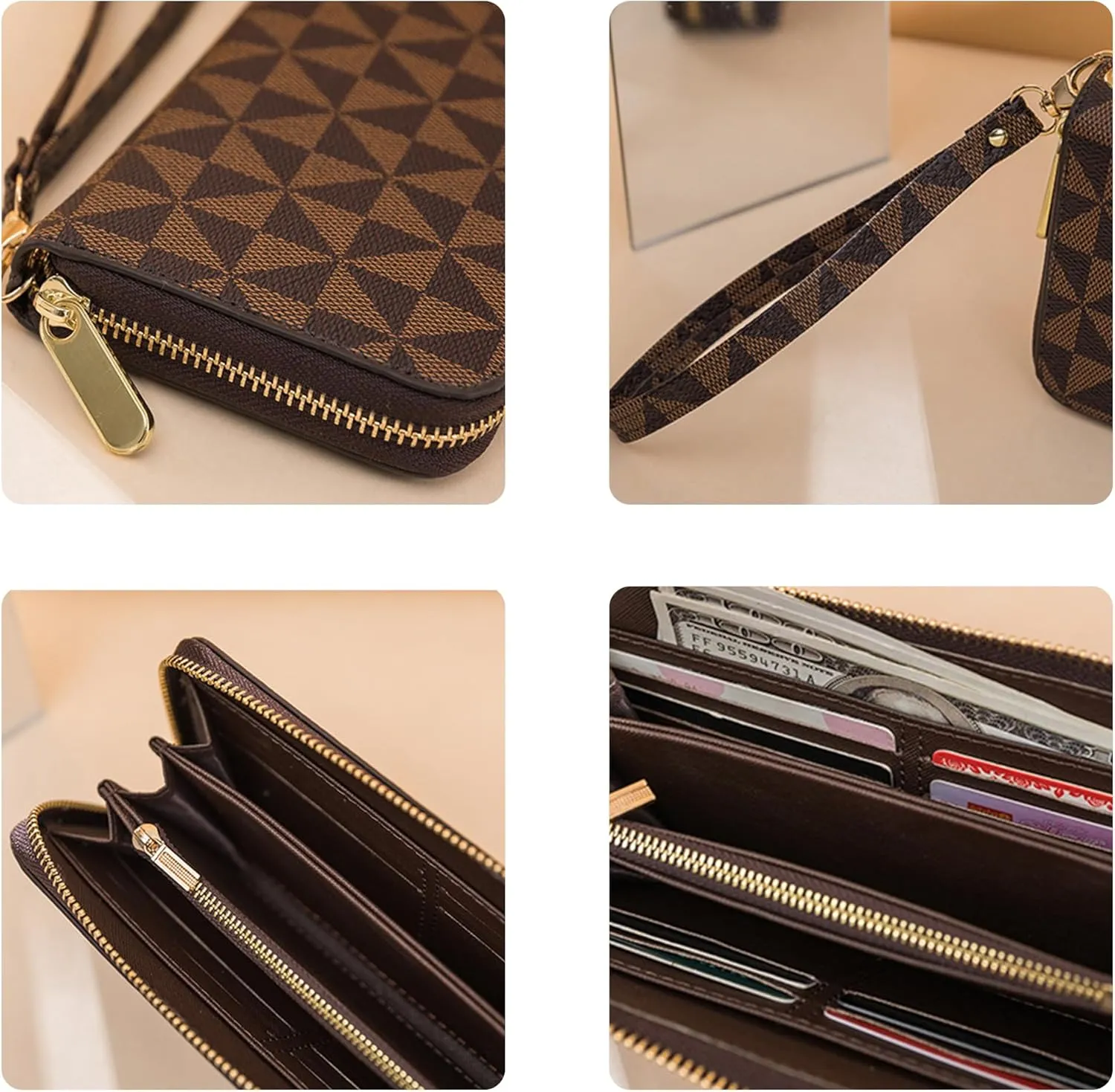 Veki Women's Wallet Double Zipper Pocket Wallets with Wrist Strap, Leather Credit Card Purse for Women Men (Monolayer-Black)