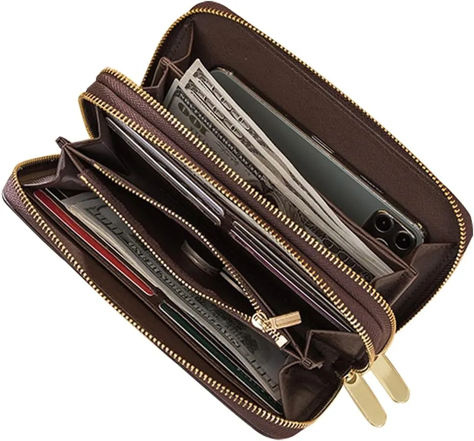 Veki Women's Wallet Double Zipper Pocket Wallets with Wrist Strap, Leather Credit Card Purse for Women Men (White)