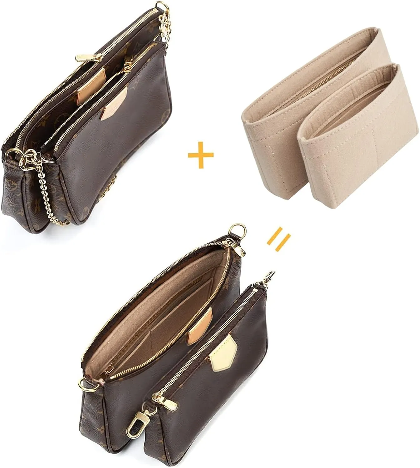 Vercord Felt Purse Organizer Insert Pochette Handbag Insert Bag in Bag for Multi Pochette Accessories Add Zipper Pocket Beige
