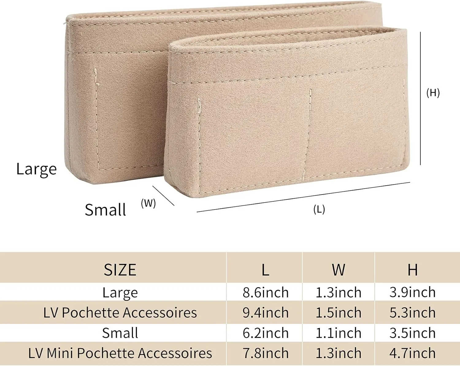 Vercord Felt Purse Organizer Insert Pochette Handbag Insert Bag in Bag for Multi Pochette Accessories Add Zipper Pocket Beige