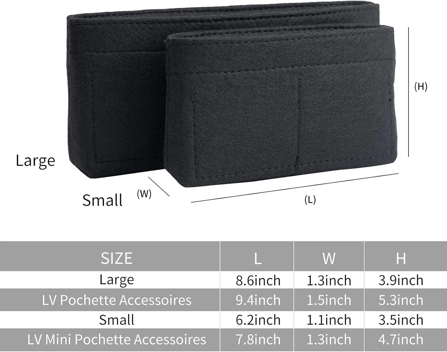 Vercord Felt Purse Organizer Insert Pochette Handbag Insert Bag in Bag for Multi Pochette Accessories Add Zipper Pocket Black