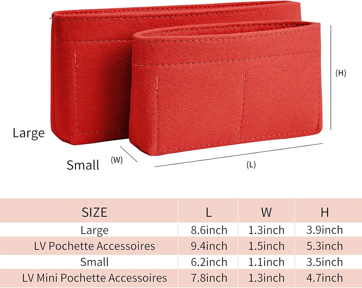 Vercord Felt Purse Organizer Insert Pochette Handbag Insert Bag in Bag for Multi Pochette Accessories Add Zipper Pocket Red