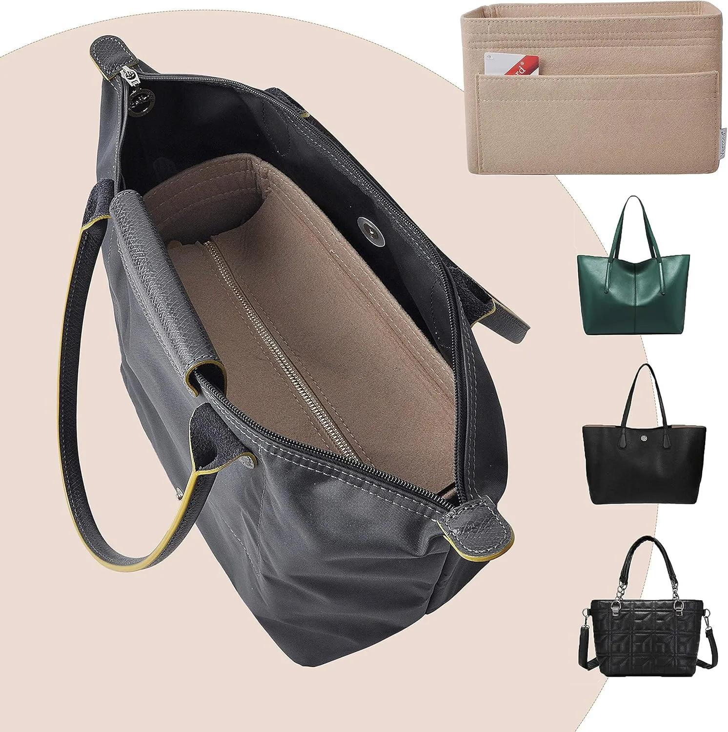 Vercord Felt Zipper Handbag Tote Purse Duffel Backpack Organizer Insert Beige Small