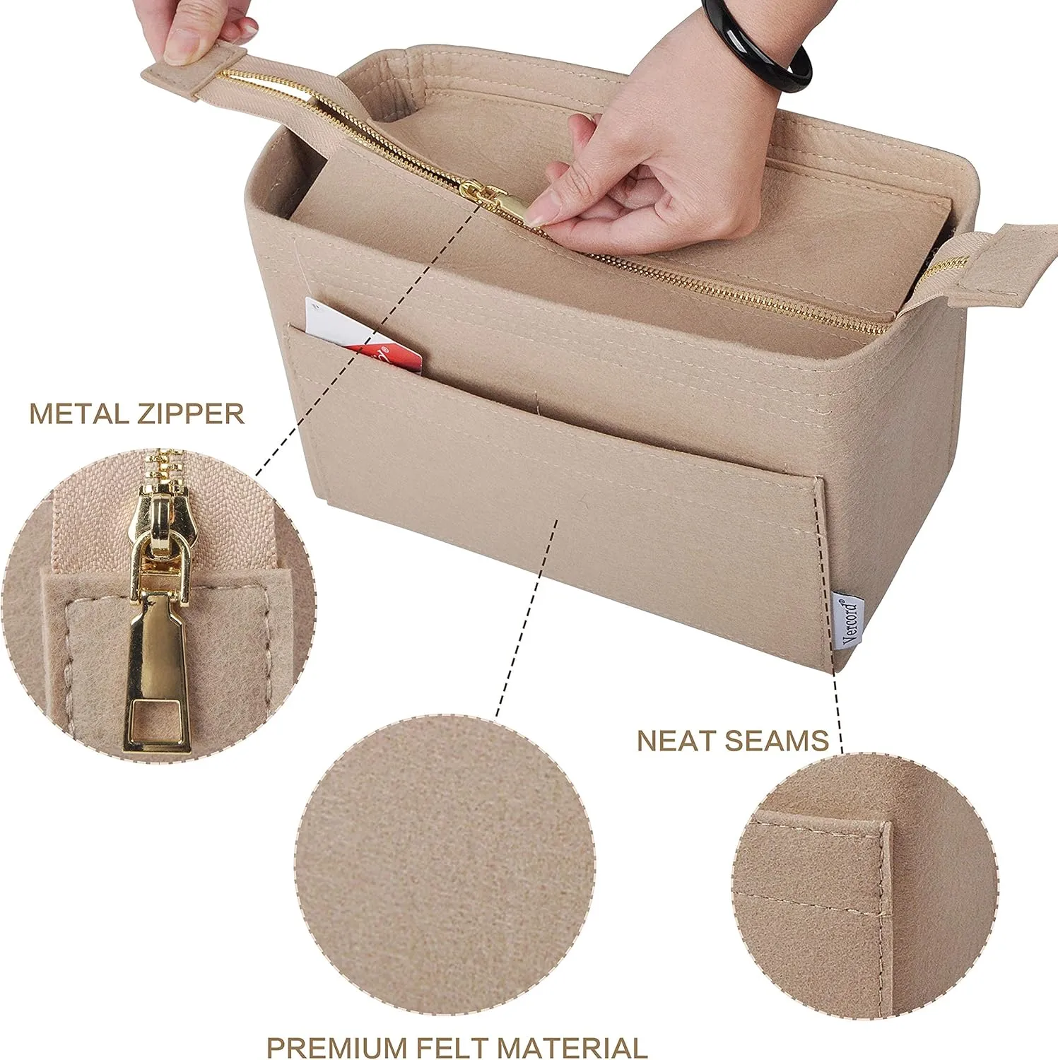 Vercord Felt Zipper Handbag Tote Purse Duffel Backpack Organizer Insert Beige Small
