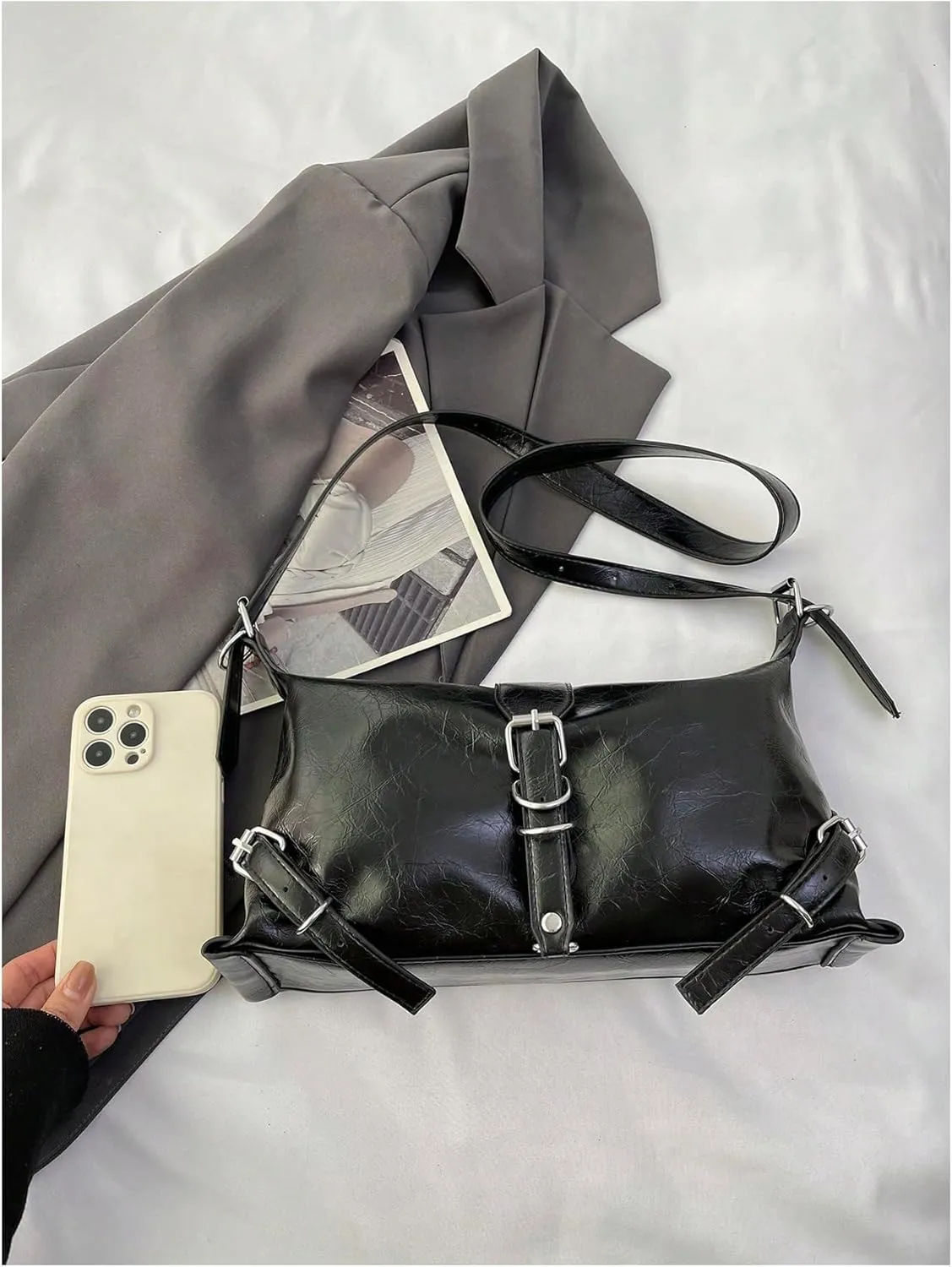 Verdusa Women's Buckle PU Leather Shoulder Handbags Vintage Top Handle Underarm Bags