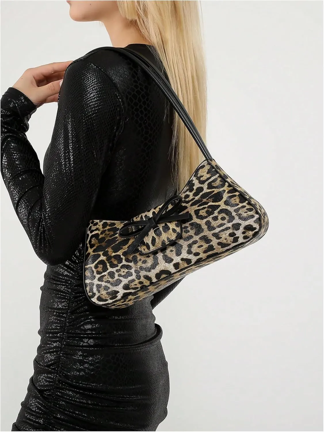 Verdusa Women's Leopard Print PU Leather Shoulder Handbags Bowknot Flap Top Handle Underarm Bag