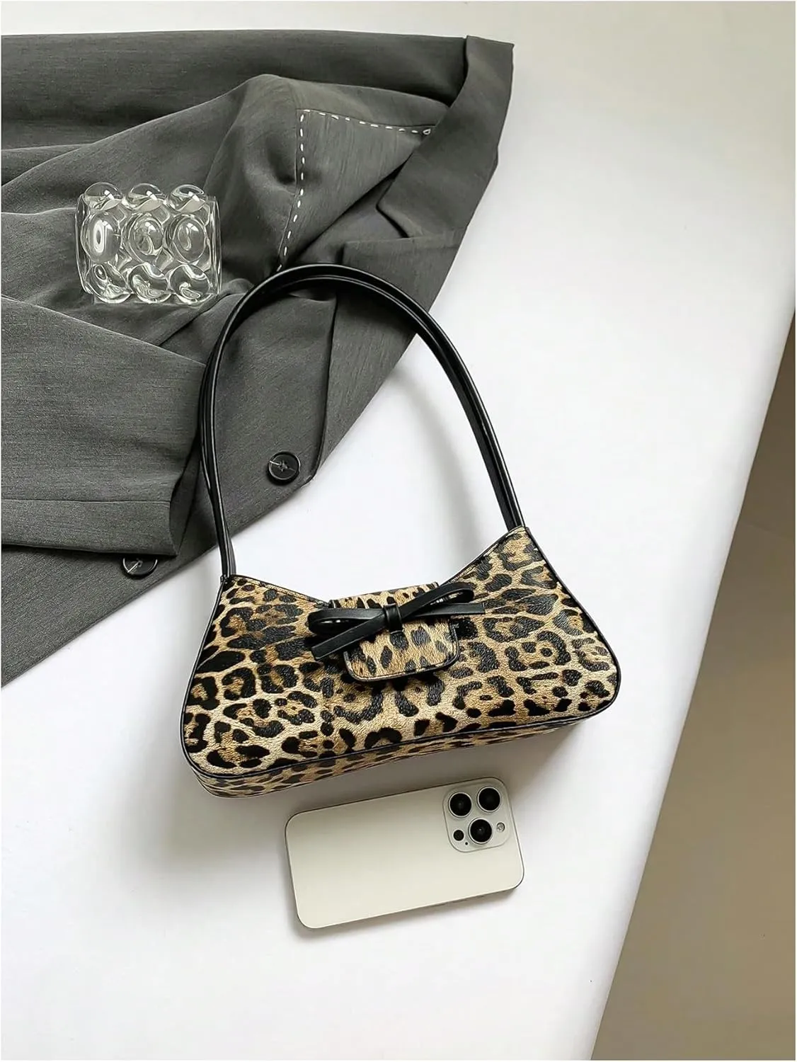 Verdusa Women's Leopard Print PU Leather Shoulder Handbags Bowknot Flap Top Handle Underarm Bag