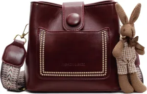 Vintage Crossbody Bag for Women, Leather Bucket Bag Small Shoulder Bag with Strap Trendy Handbag with Rabbit Pendant