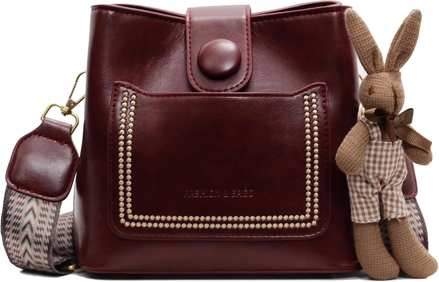 Vintage Crossbody Bag for Women, Leather Bucket Bag Small Shoulder Bag with Strap Trendy Handbag with Rabbit Pendant