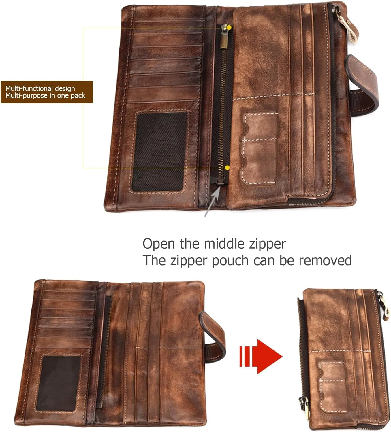 Vintage Genuine Leather Long Wallet Men Women Credit Card Holder Purse Zipper Business Moible Phone Wallet,C