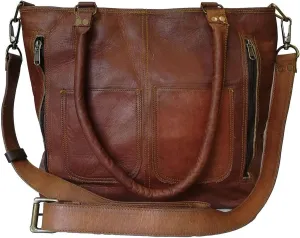 Vintage Genuine Leather Women Tote Style Shoulder Handbag Brown 15” Bag Ideal for gifts | Gift for her