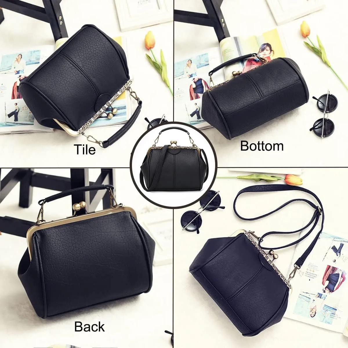 Vintage Hollow Handbag for Women Leather Shoulder Bag Evening Clutch Bag Kiss Lock Closure Crossbody Bag Purse