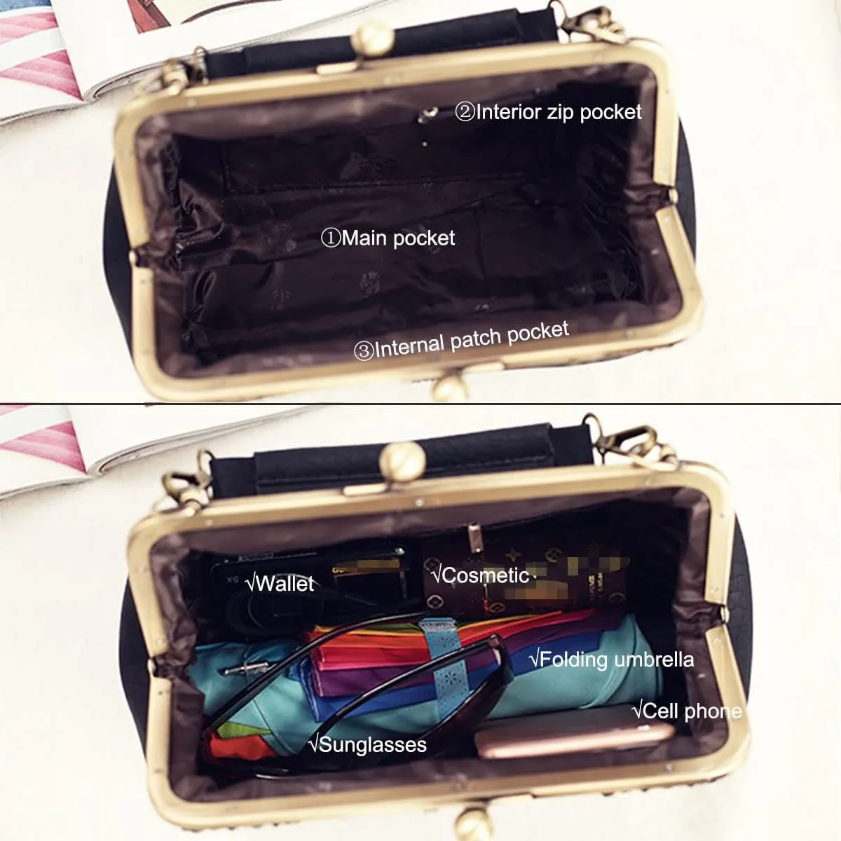Vintage Hollow Handbag for Women Leather Shoulder Bag Evening Clutch Bag Kiss Lock Closure Crossbody Bag Purse