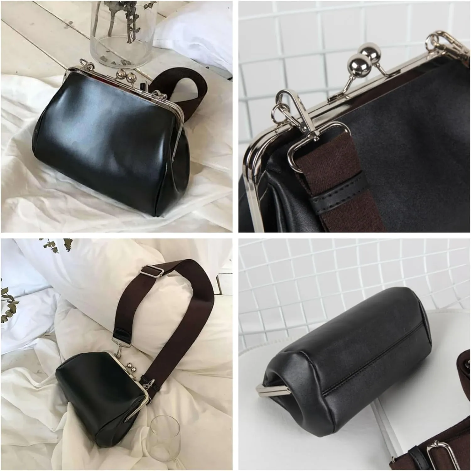 Vintage Kiss Lock Tote Women 2025 Clasp Clutch PU Leather Purse Crossbody Shoulder Bag Everyday Chic Messenger Handbag