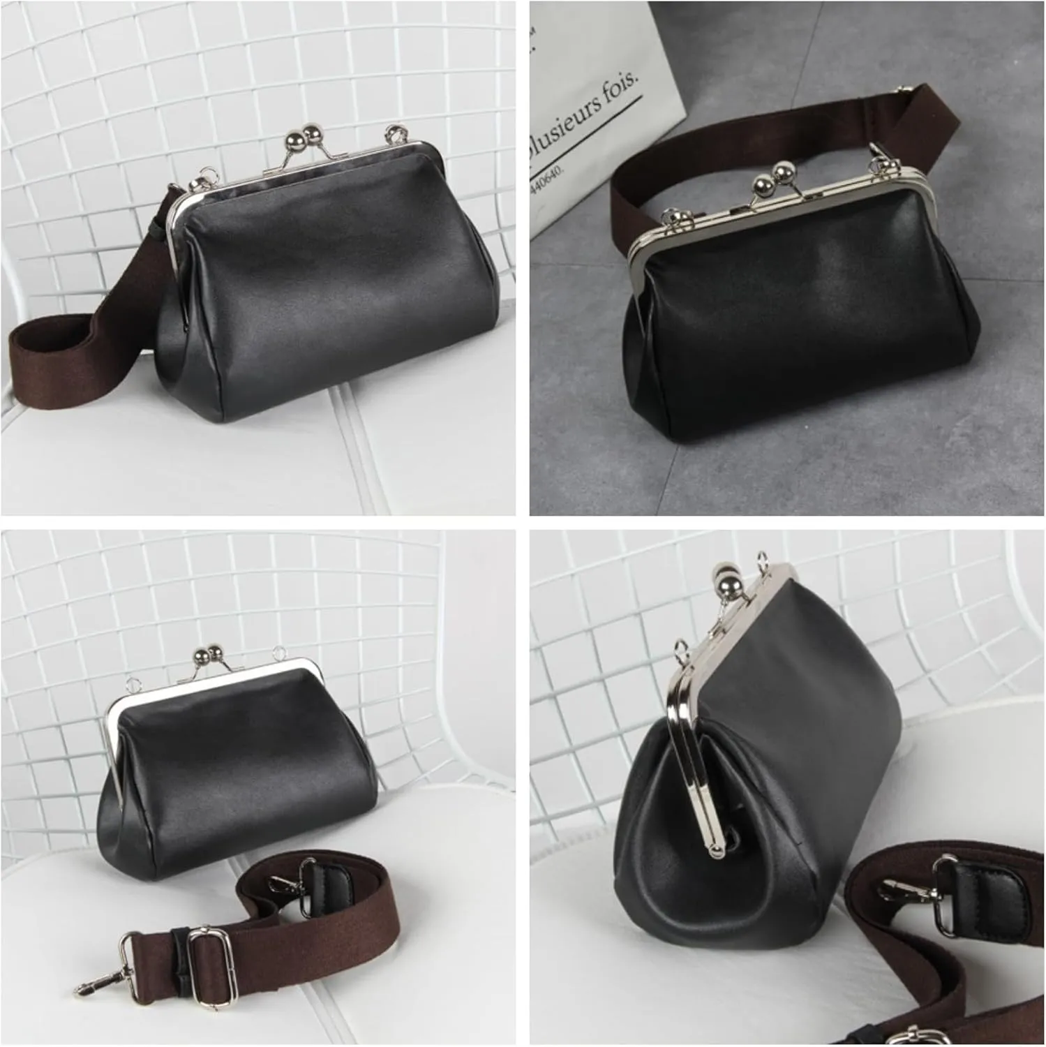 Vintage Kiss Lock Tote Women 2025 Clasp Clutch PU Leather Purse Crossbody Shoulder Bag Everyday Chic Messenger Handbag