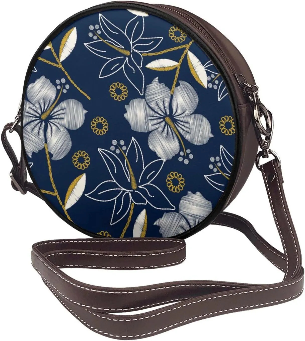 Vintage Leather Circle Shoulder Bag Purses Handbags for Women Small Round Beach Bags with Adjustable Straps
