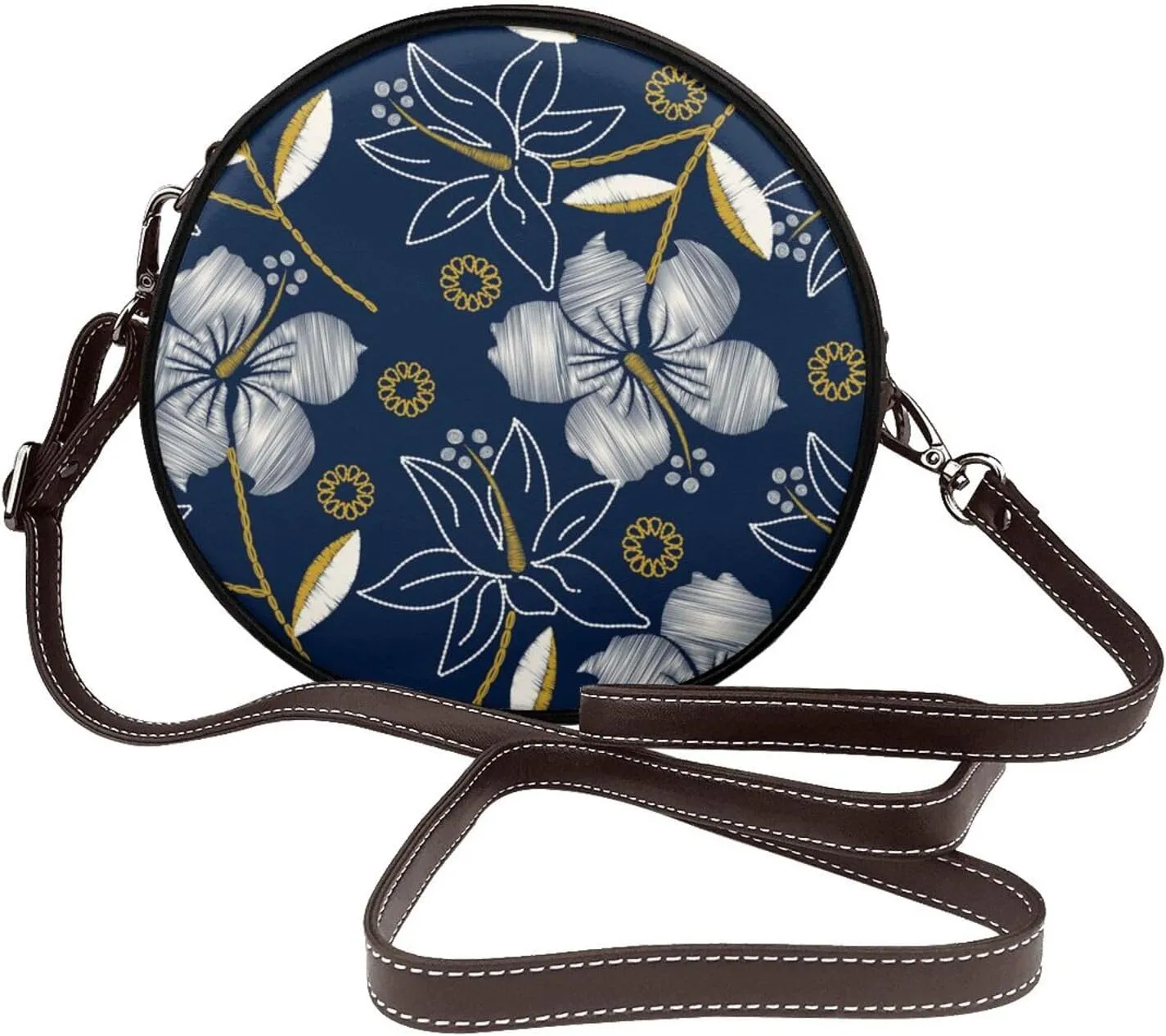 Vintage Leather Circle Shoulder Bag Purses Handbags for Women Small Round Beach Bags with Adjustable Straps