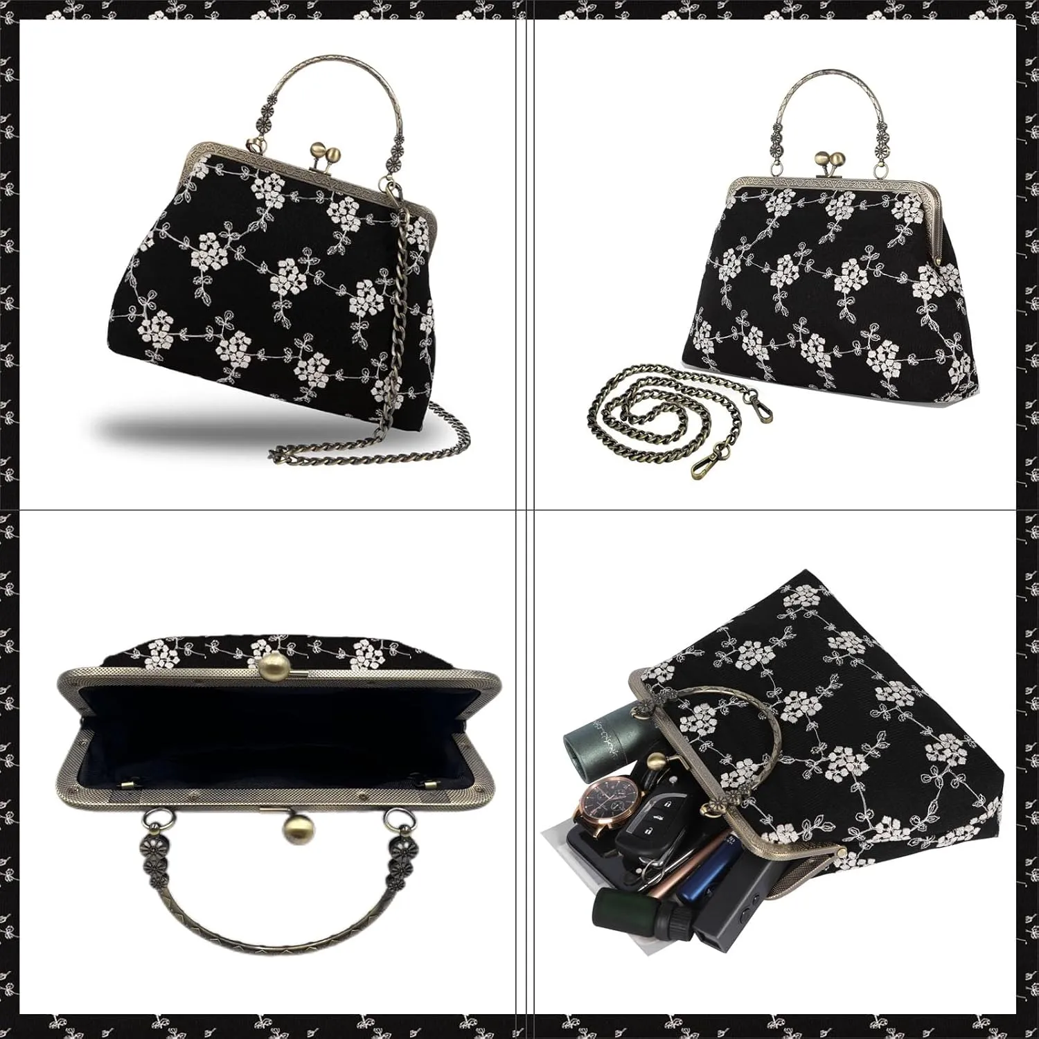 Vintage Purse Kiss Lock Purses and Handbags Floral Vacation Women Top Handle Handbag