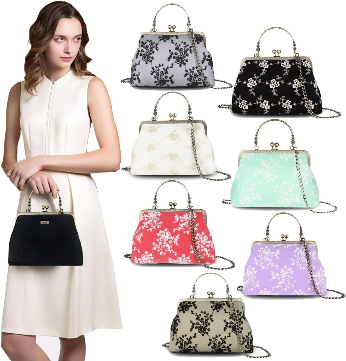 Vintage Purse Kiss Lock Purses and Handbags Floral Vacation Women Top Handle Handbag