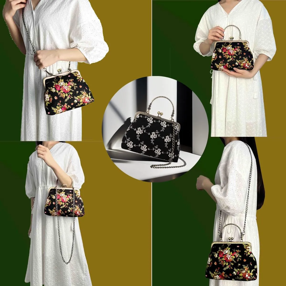 Vintage Purse Kiss Lock Purses and Handbags Floral Vacation Women Top Handle Handbag