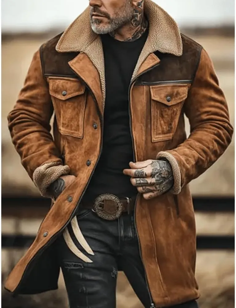 Vintage Suede Pocket Plush Reversed Collar Mens Outdoor Jacket Coat Retro Top Outdoor Men's Suede Coat