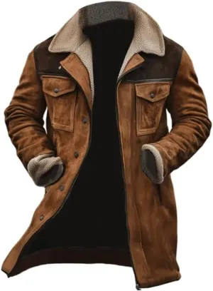 Vintage Suede Pocket Plush Reversed Collar Mens Outdoor Jacket Coat Retro Top Outdoor Men's Suede Coat