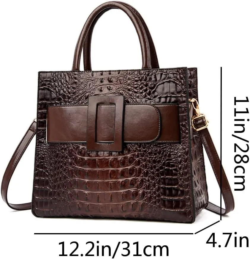 Vintage Top-handle Handbags Purse Satchel for Women PU Crocodile Pattern Tote Commuter Bag Crossbody Shoulder Bag