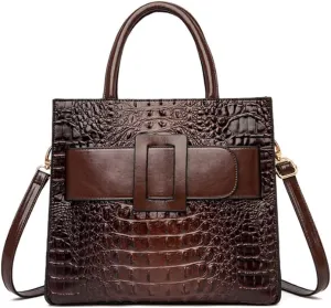 Vintage Top-handle Handbags Purse Satchel for Women PU Crocodile Pattern Tote Commuter Bag Crossbody Shoulder Bag
