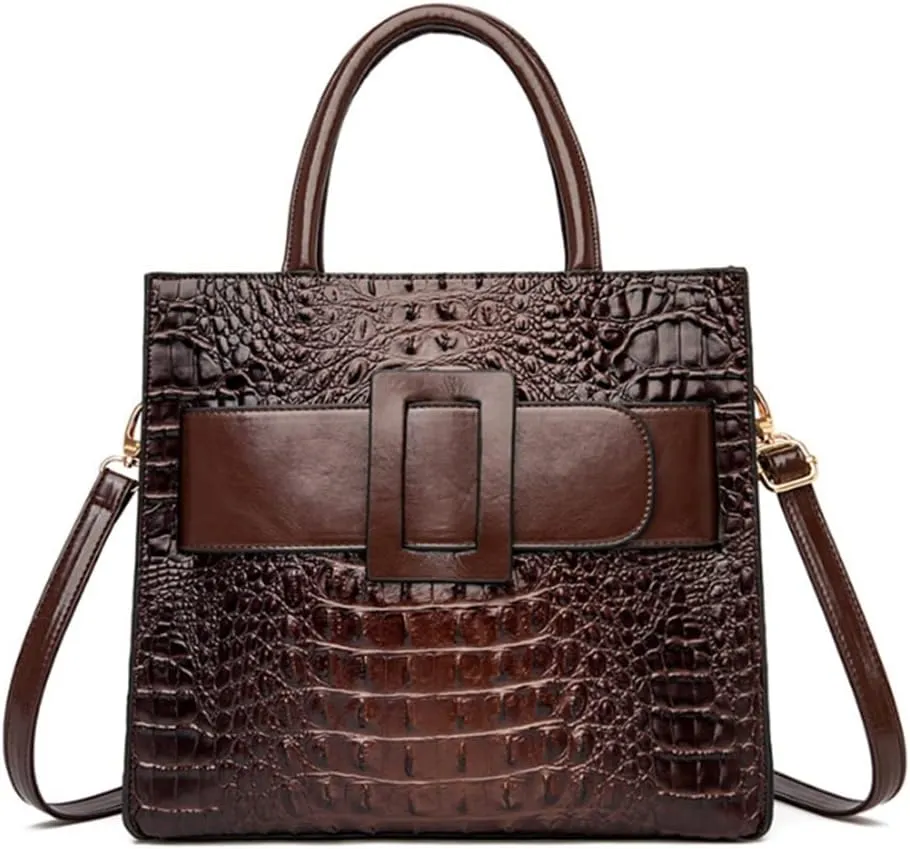 Vintage Top-handle Handbags Purse Satchel for Women PU Crocodile Pattern Tote Commuter Bag Crossbody Shoulder Bag