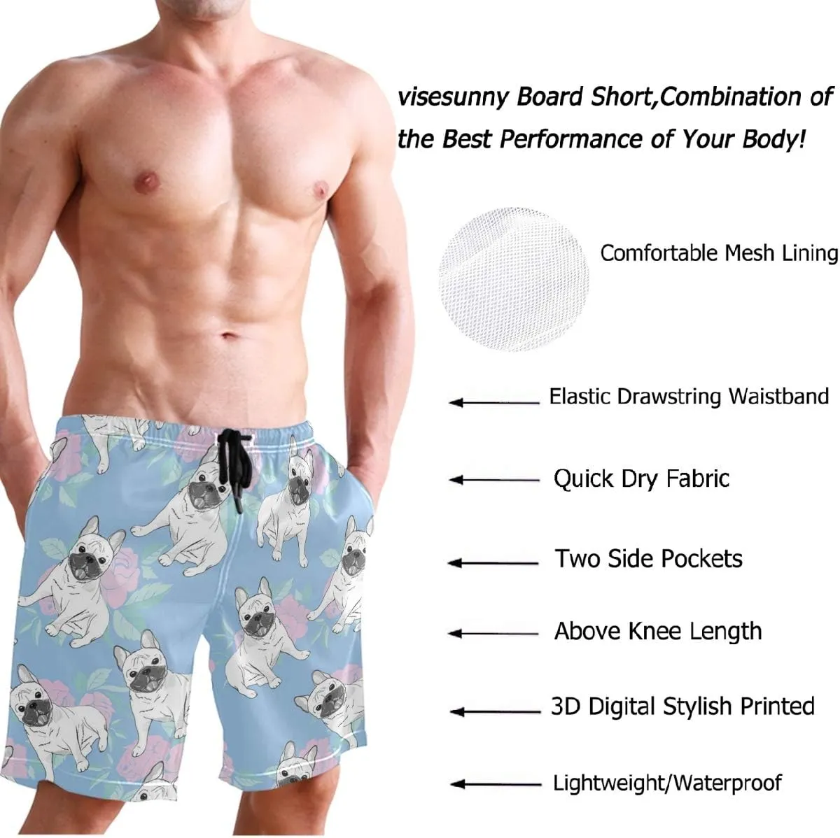 visesunny Fashion Funny Style Men's Beach Shorts Swim Trunks Quick Dry Casual Polyester Swim Shorts with Pockets S-XXL