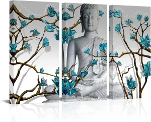 Visual Art Decor 3 Pieces Buddha Wall Art Buddha Statue with Abstract Blue Flowers Painting Canvas Prints for Living Room Bedroom Office Large Picture Decoration