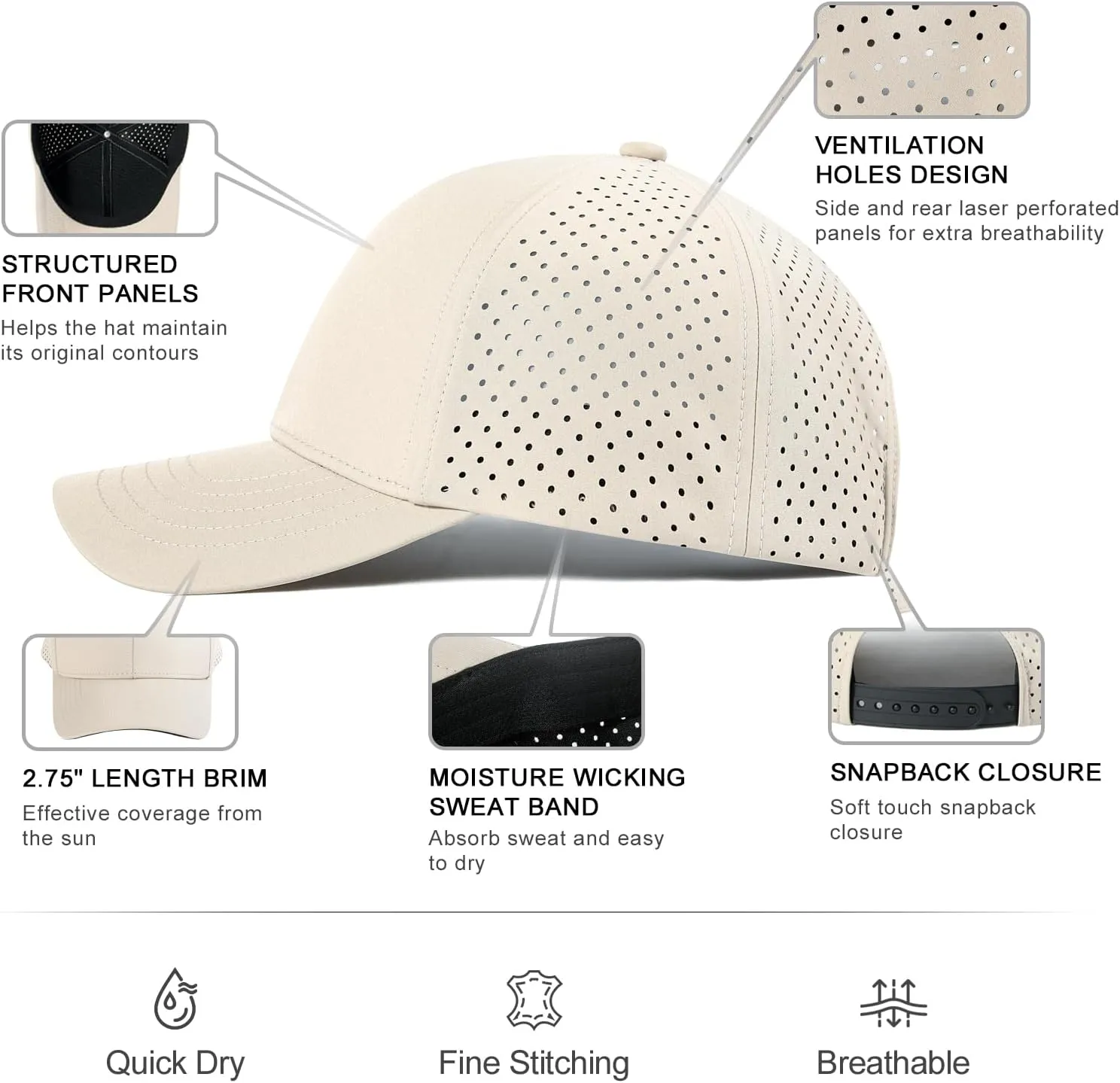 VOBOOM Men Quick Dry Baseball Cap Laser Cut Mesh Ball Curved Brim Snapback Hat